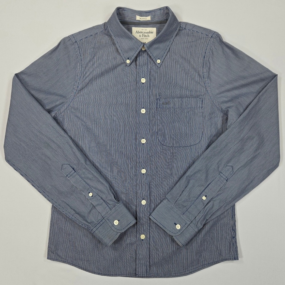 Abercrombie & Fitch Men Muscle Fit Blue Pinstripe Button Down Shirt Sz M Modern